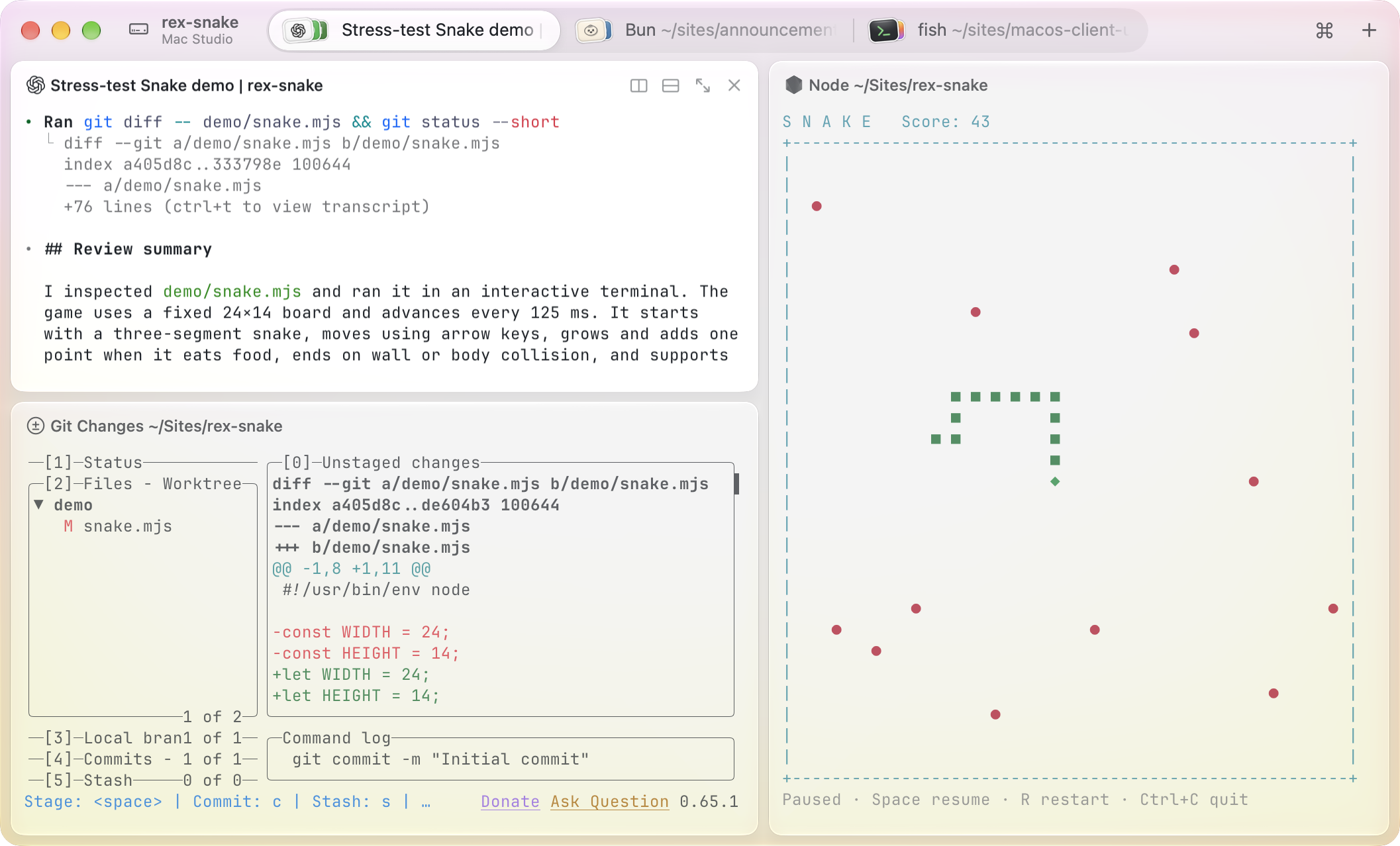 Rex with Codex, lazygit, and a running Snake game in three split panes